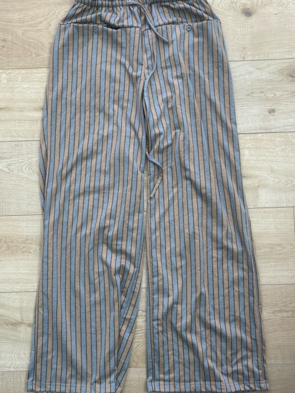 Striped Wide-Leg Drawstring Pants Gray & Tan Boho Pants Size Medium Loose Fit